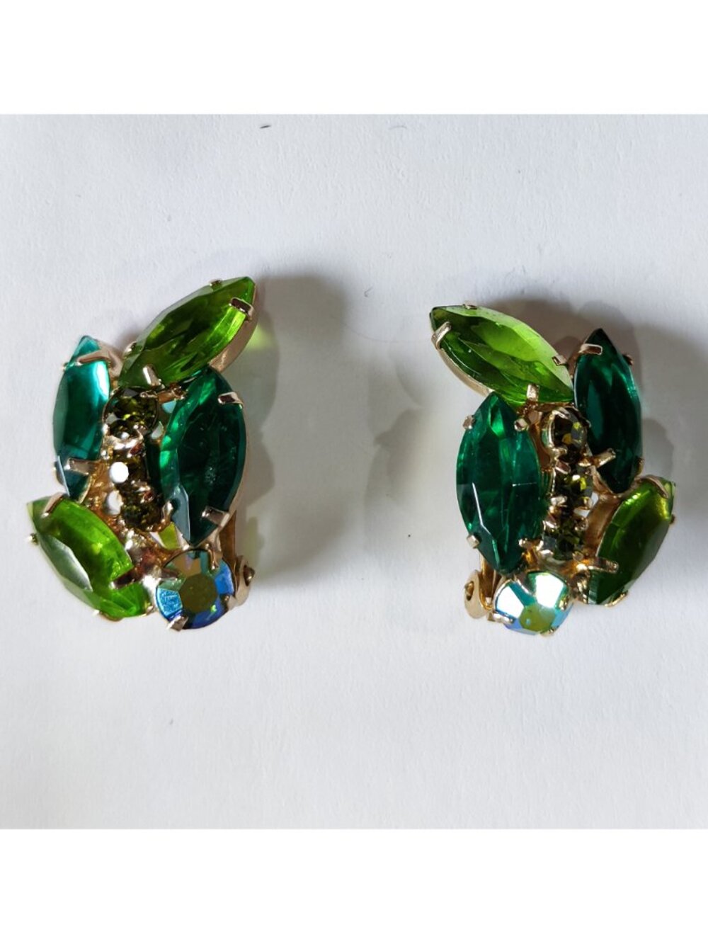 Vintage 1950-60s Clip On Earrings Teal and Lime Green Navette AB Rhinestones
